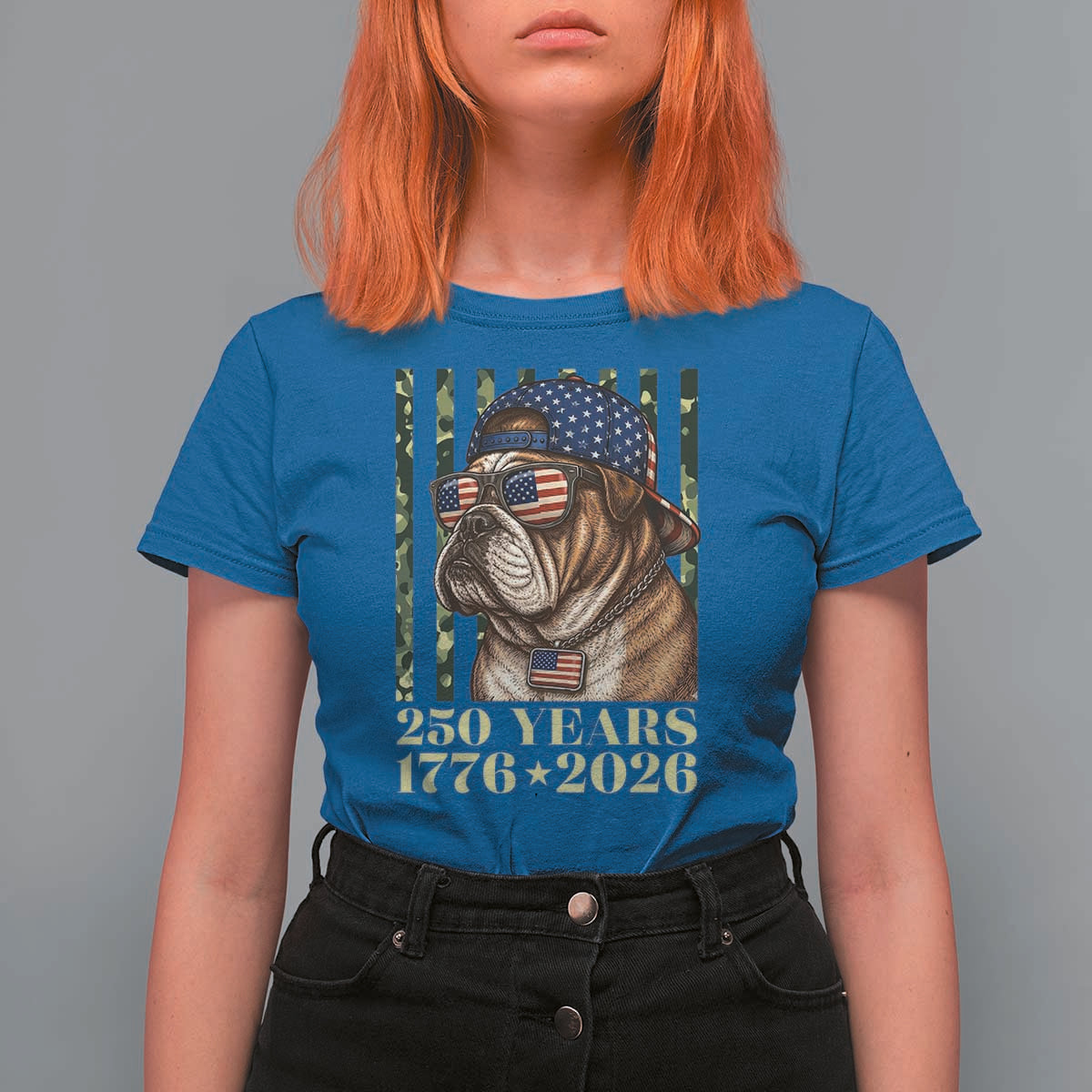 250 Years America Anniversary T Shirt For Women Military Bulldog American Flag Camo