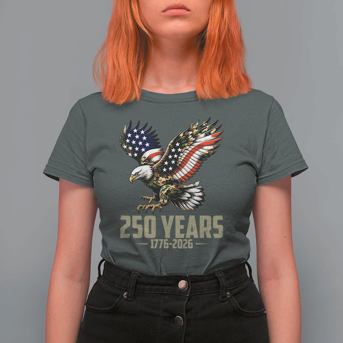 250 Years America Anniversary T Shirt For Women Military Eagle American Flag Camo
