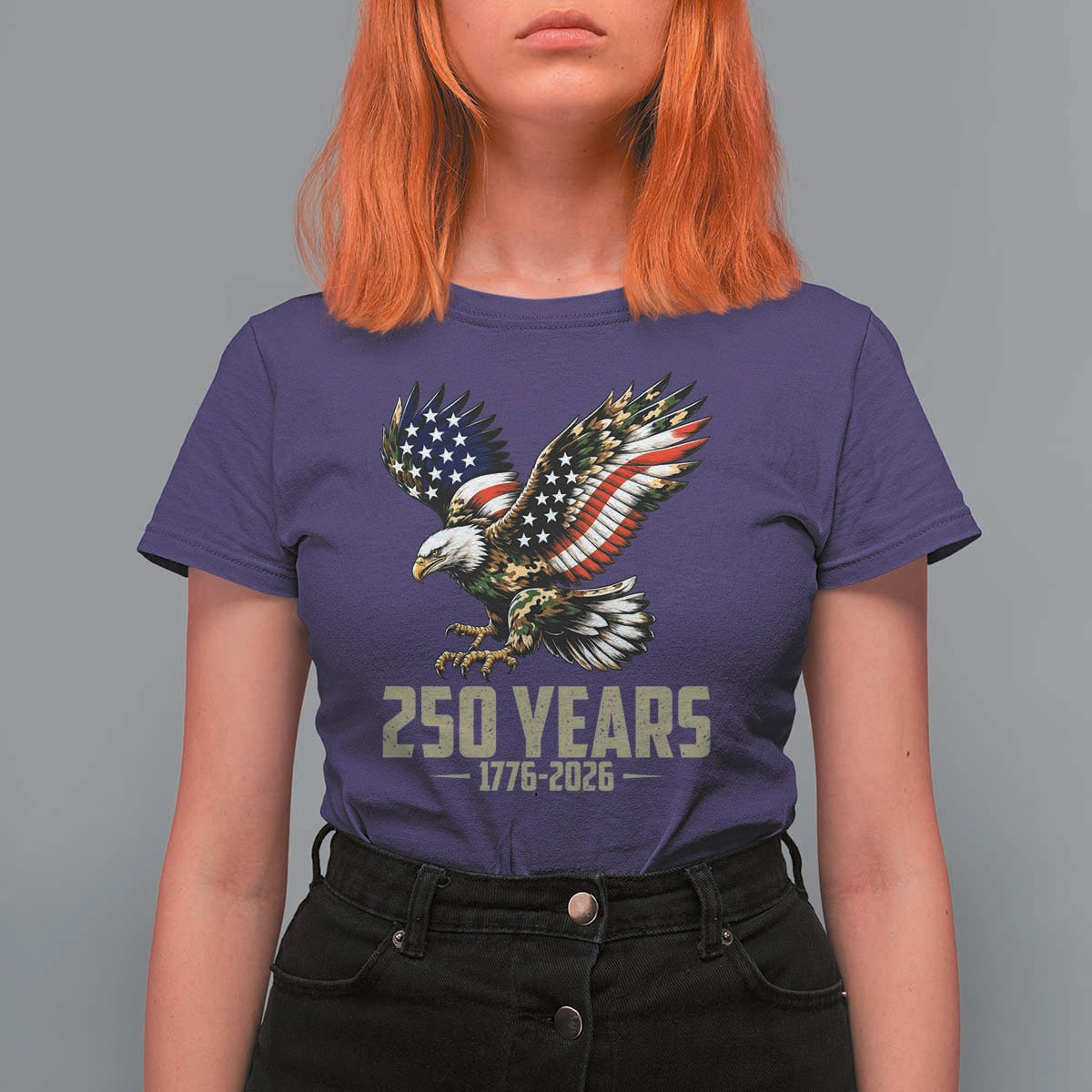 250 Years America Anniversary T Shirt For Women Military Eagle American Flag Camo