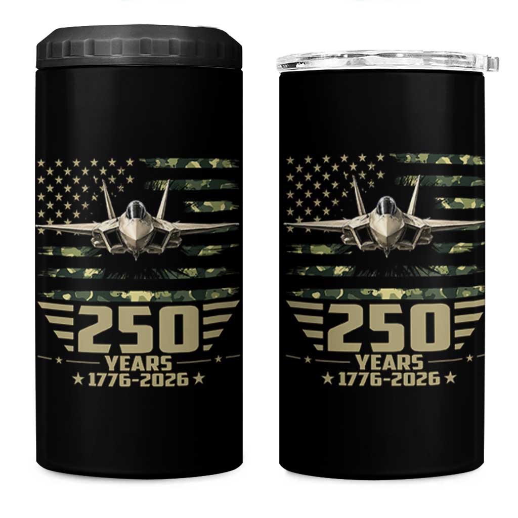 250 Years Anniversary 4 in 1 Can Cooler Tumbler Patriotic Jet Fighter US Flag Camo