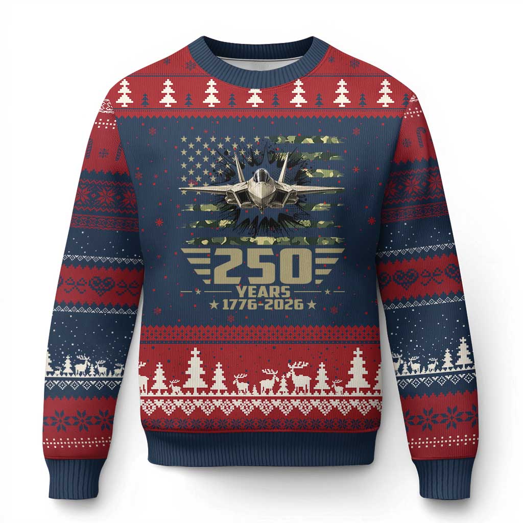 250 Years Anniversary Ugly Christmas Sweater Patriotic Jet Fighter US Flag Camo