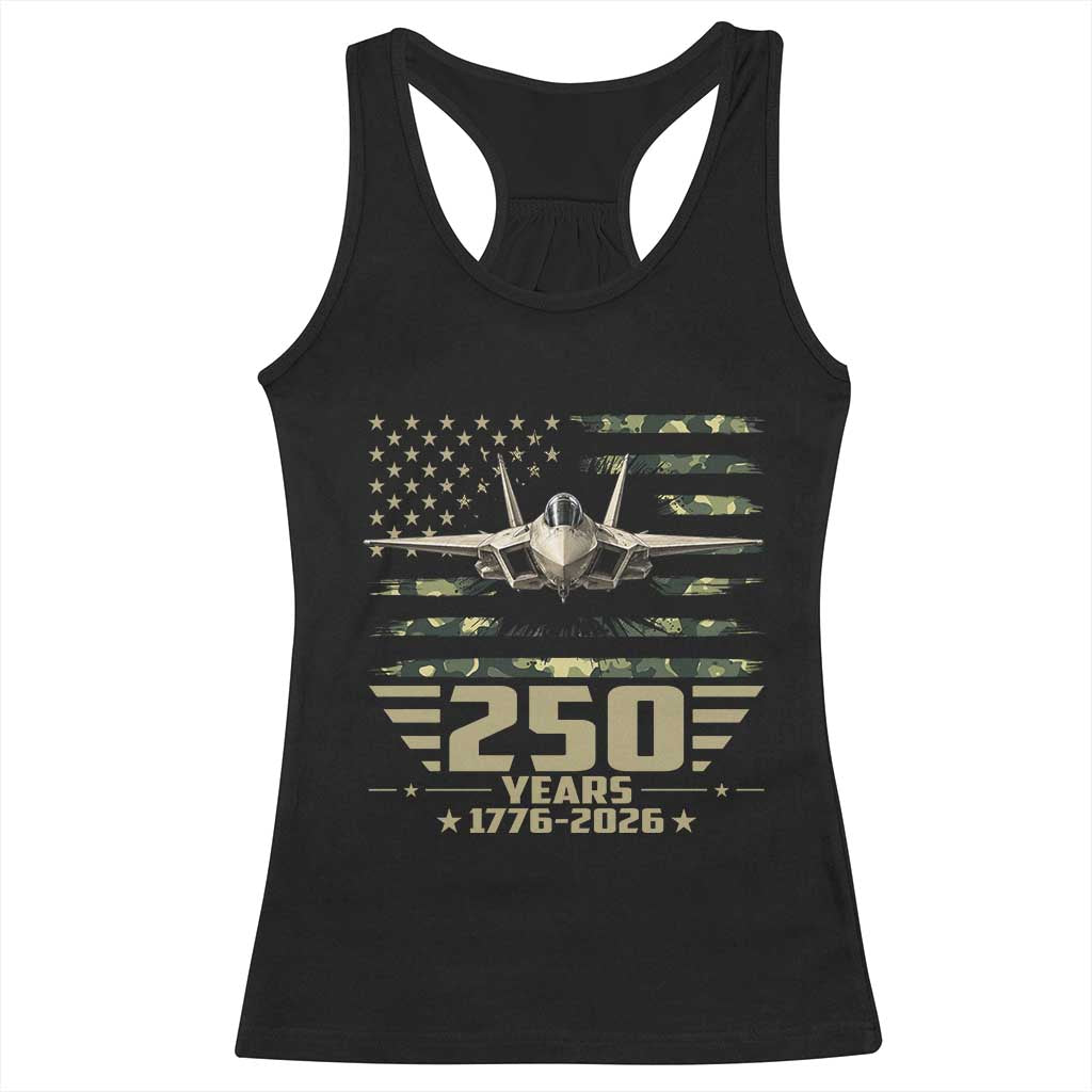 250 Years Anniversary Racerback Tank Top Patriotic Jet Fighter US Flag Camo