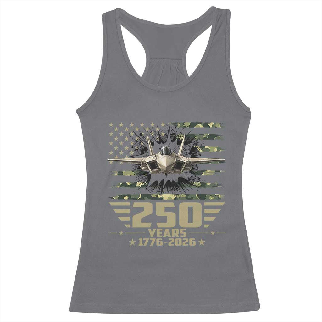 250 Years Anniversary Racerback Tank Top Patriotic Jet Fighter US Flag Camo