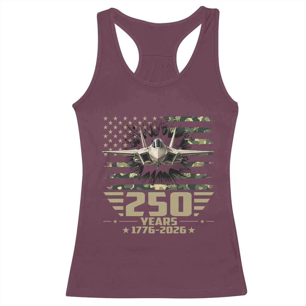 250 Years Anniversary Racerback Tank Top Patriotic Jet Fighter US Flag Camo