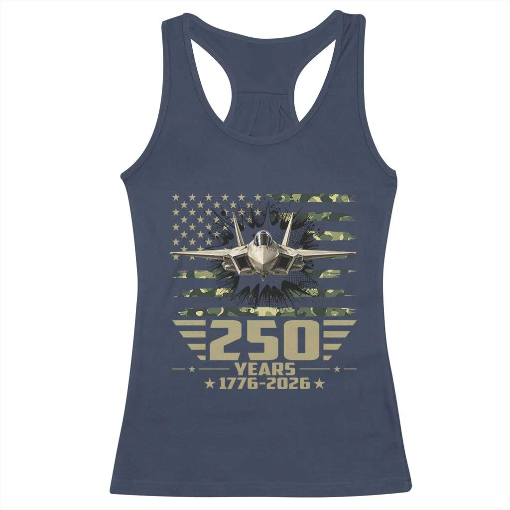 250 Years Anniversary Racerback Tank Top Patriotic Jet Fighter US Flag Camo