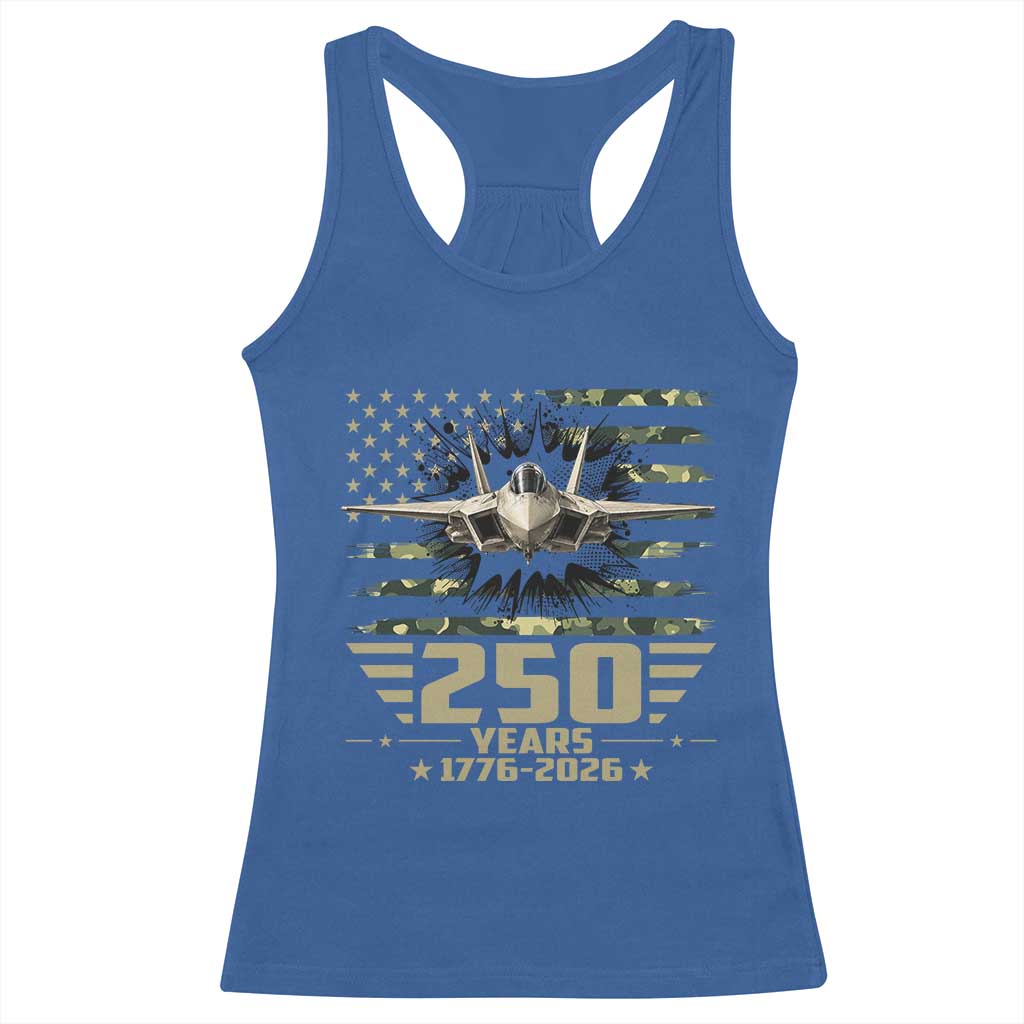 250 Years Anniversary Racerback Tank Top Patriotic Jet Fighter US Flag Camo