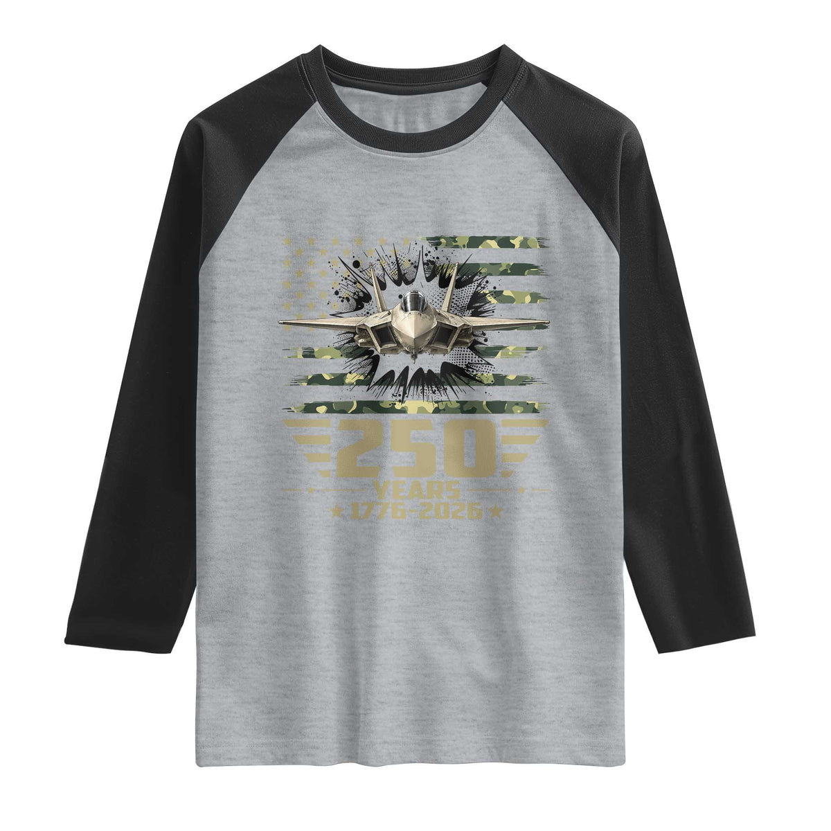 250 Years Anniversary Raglan Shirt Patriotic Jet Fighter US Flag Camo