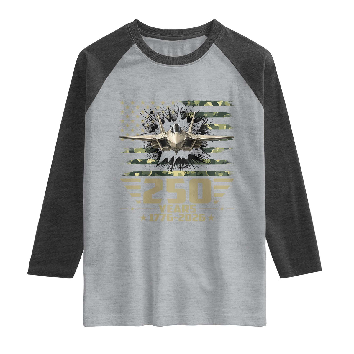 250 Years Anniversary Raglan Shirt Patriotic Jet Fighter US Flag Camo