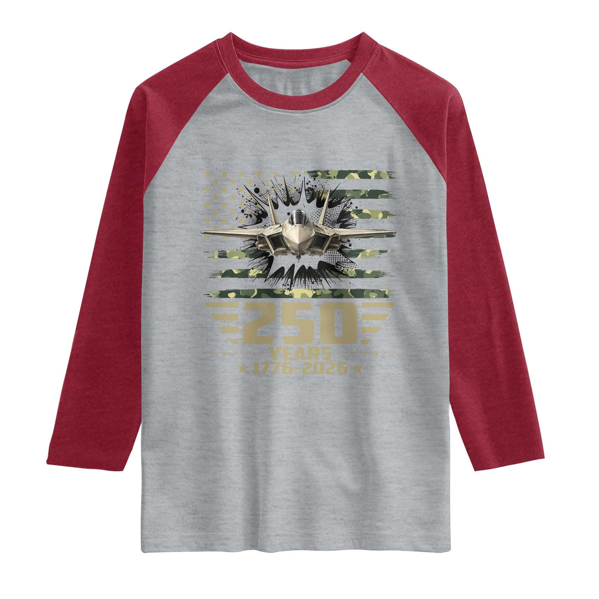 250 Years Anniversary Raglan Shirt Patriotic Jet Fighter US Flag Camo