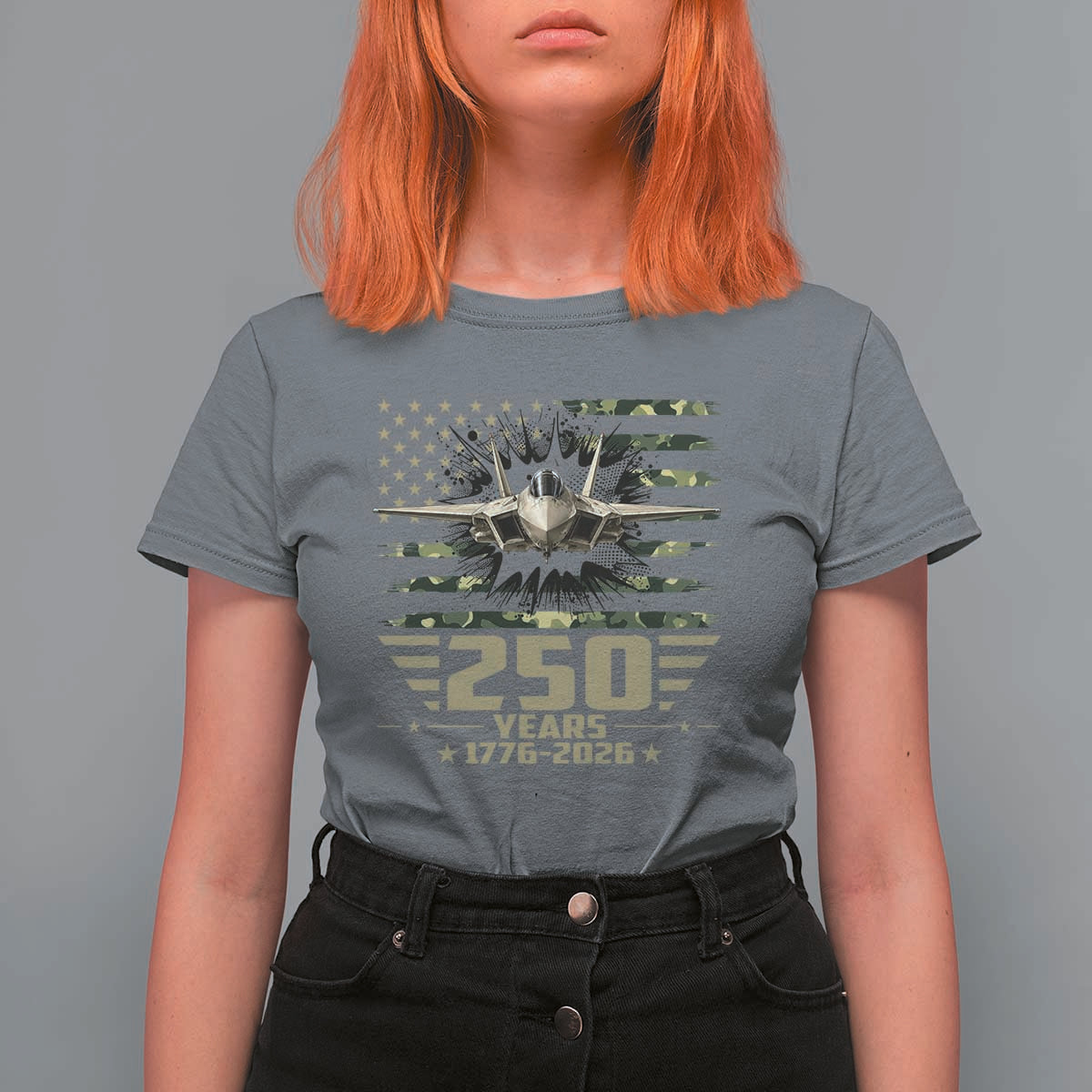 250 Years Anniversary T Shirt For Women Patriotic Jet Fighter US Flag Camo
