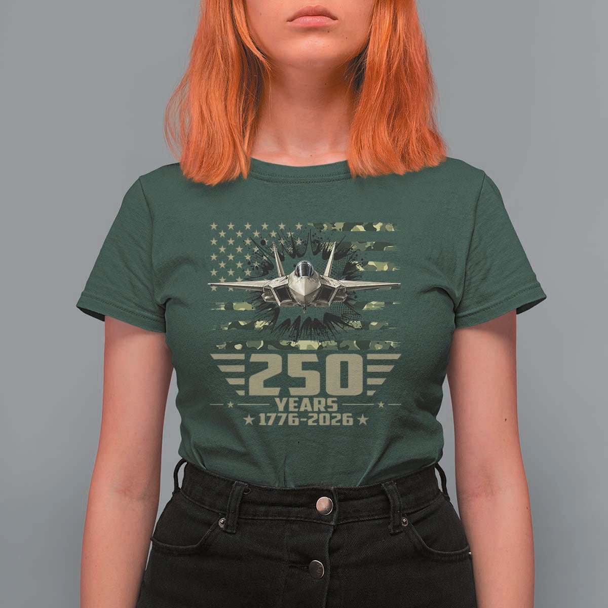 250 Years Anniversary T Shirt For Women Patriotic Jet Fighter US Flag Camo