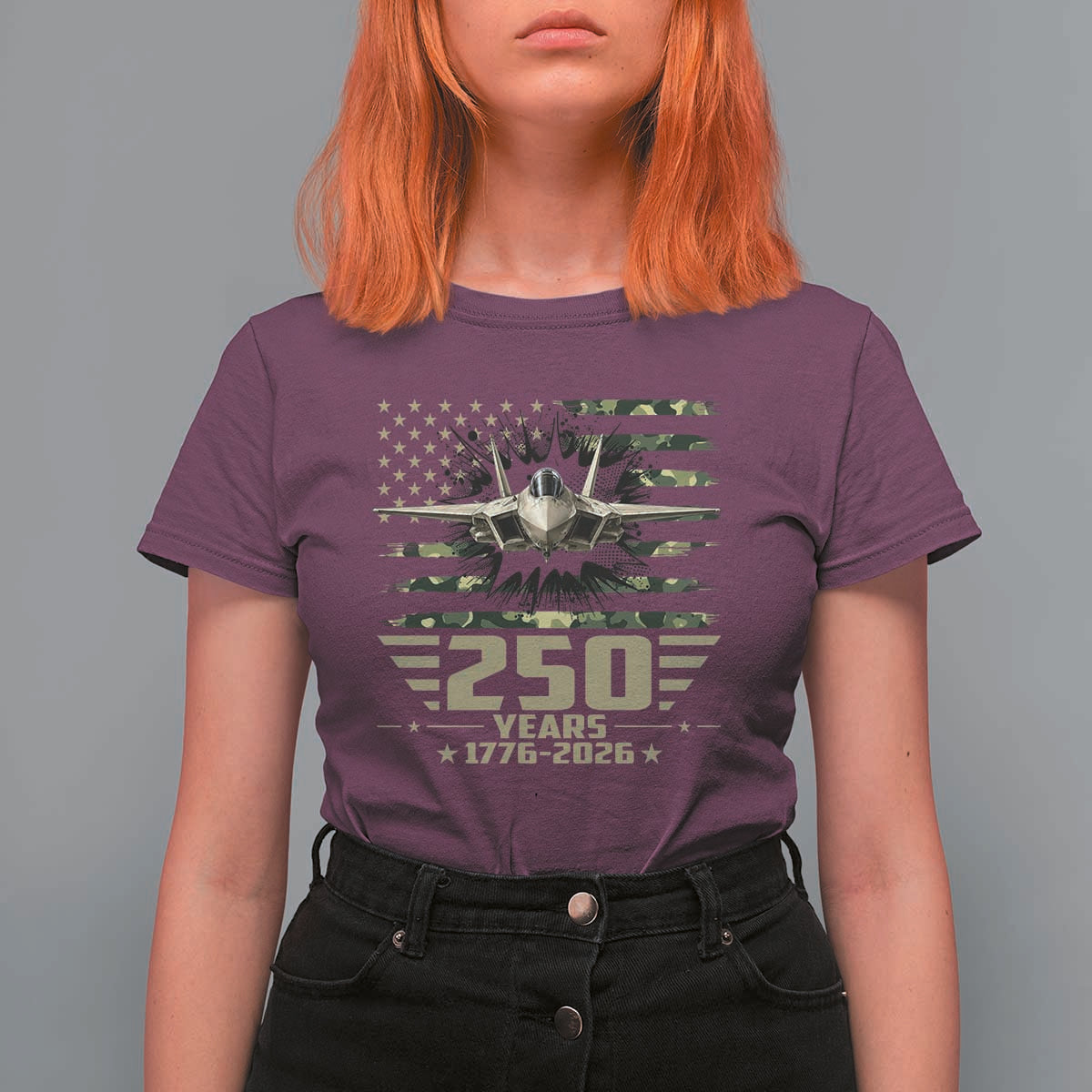 250 Years Anniversary T Shirt For Women Patriotic Jet Fighter US Flag Camo