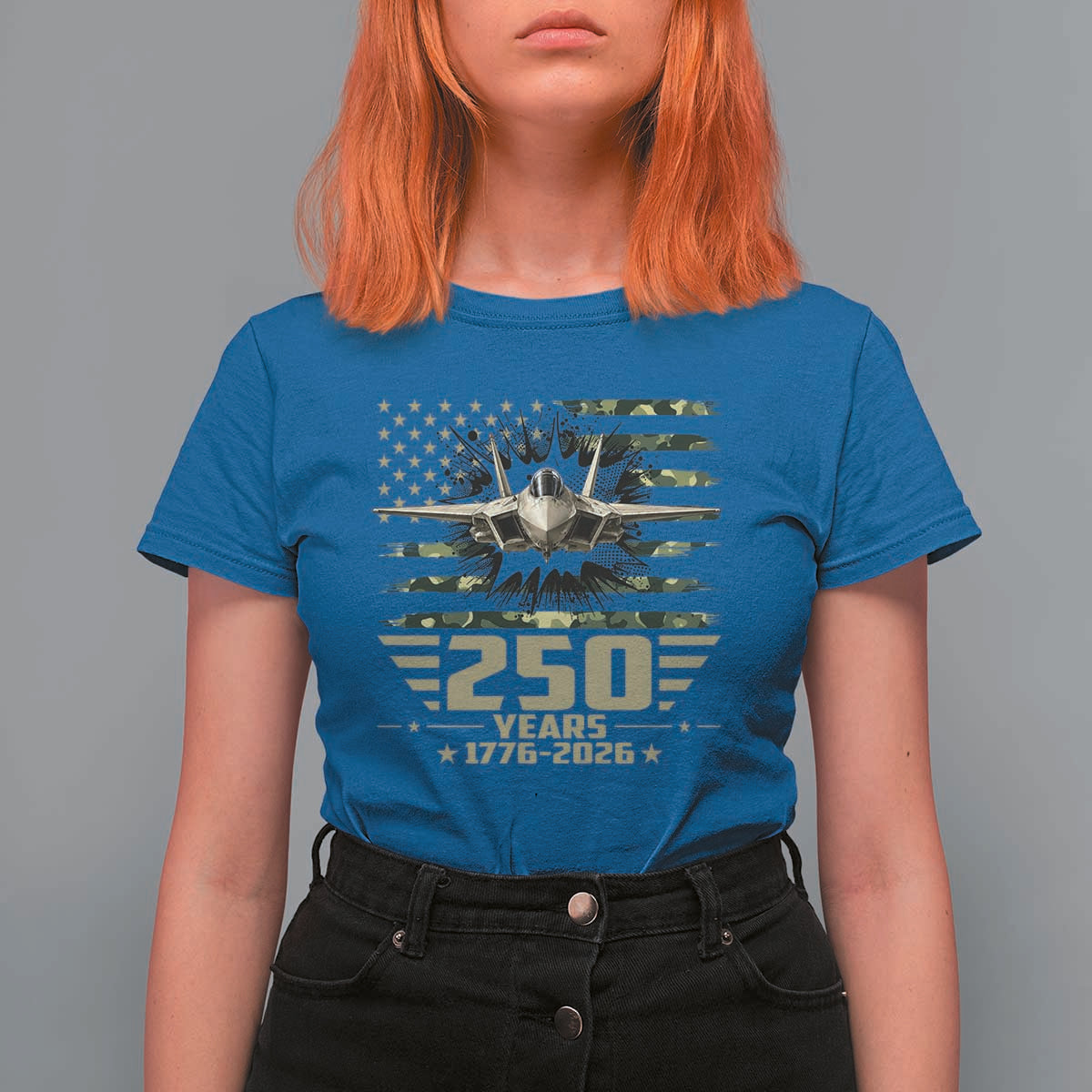 250 Years Anniversary T Shirt For Women Patriotic Jet Fighter US Flag Camo