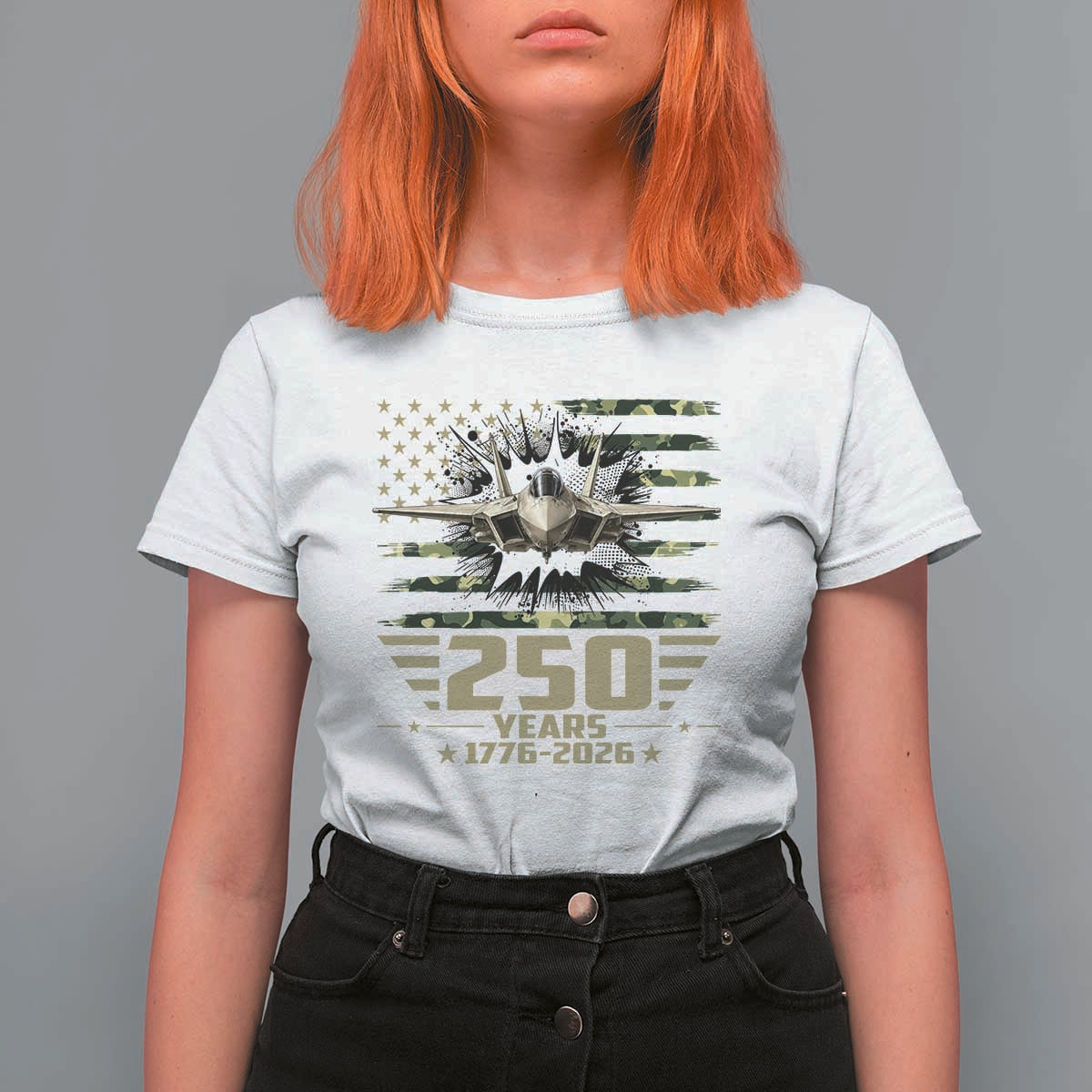 250 Years Anniversary T Shirt For Women Patriotic Jet Fighter US Flag Camo
