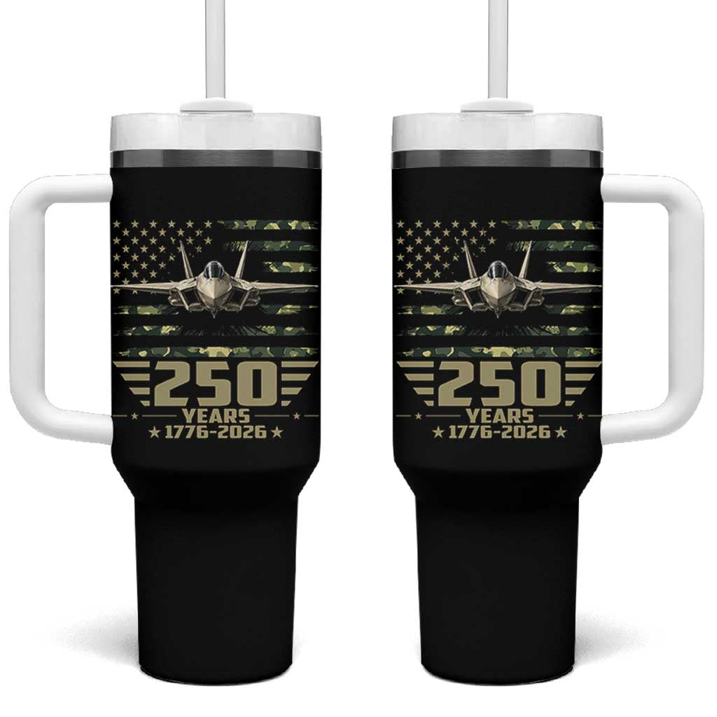 250 Years Anniversary Tumbler With Handle Patriotic Jet Fighter US Flag Camo