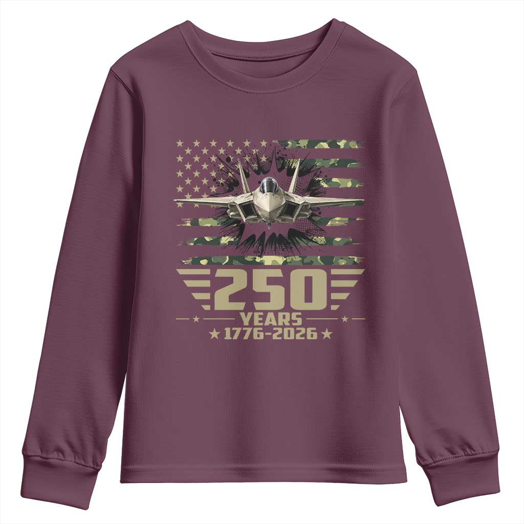 250 Years Anniversary Youth Sweatshirt Patriotic Jet Fighter US Flag Camo
