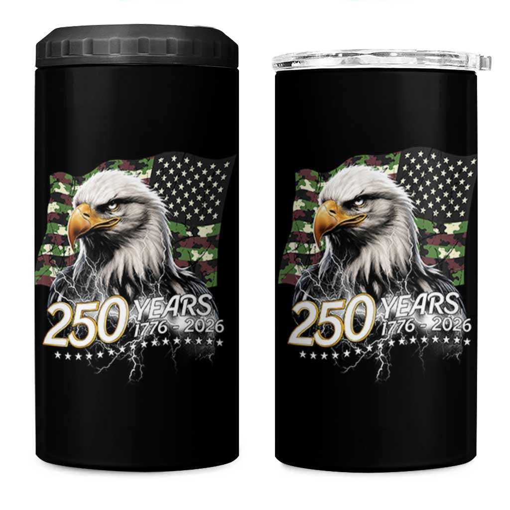 250 Years America Anniversary 4 in 1 Can Cooler Tumbler Patriotic Bald Eagle Military Tactical American Flag Camo
