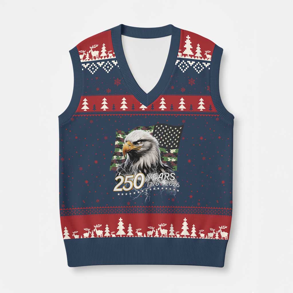 250 Years America Anniversary V-Neck Knit Sweater Vest Patriotic Bald Eagle Military Tactical American Flag Camo