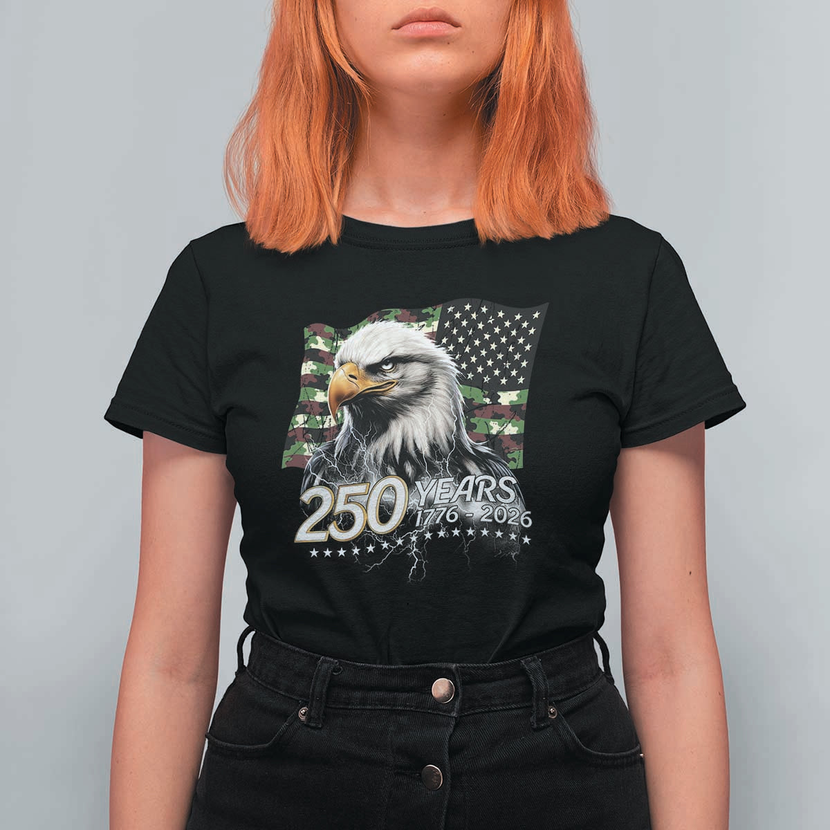 250 Years America Anniversary T Shirt For Women Patriotic Bald Eagle Military Tactical American Flag Camo