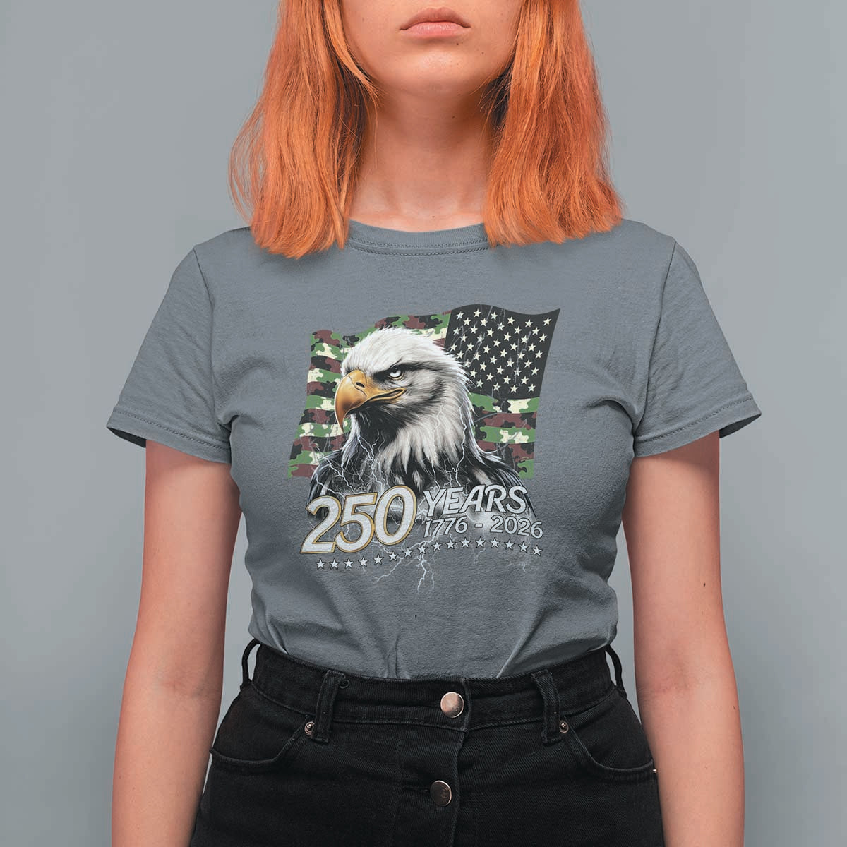 250 Years America Anniversary T Shirt For Women Patriotic Bald Eagle Military Tactical American Flag Camo