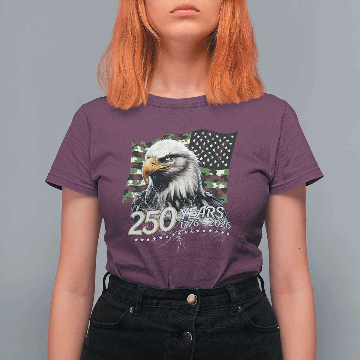 250 Years America Anniversary T Shirt For Women Patriotic Bald Eagle Military Tactical American Flag Camo