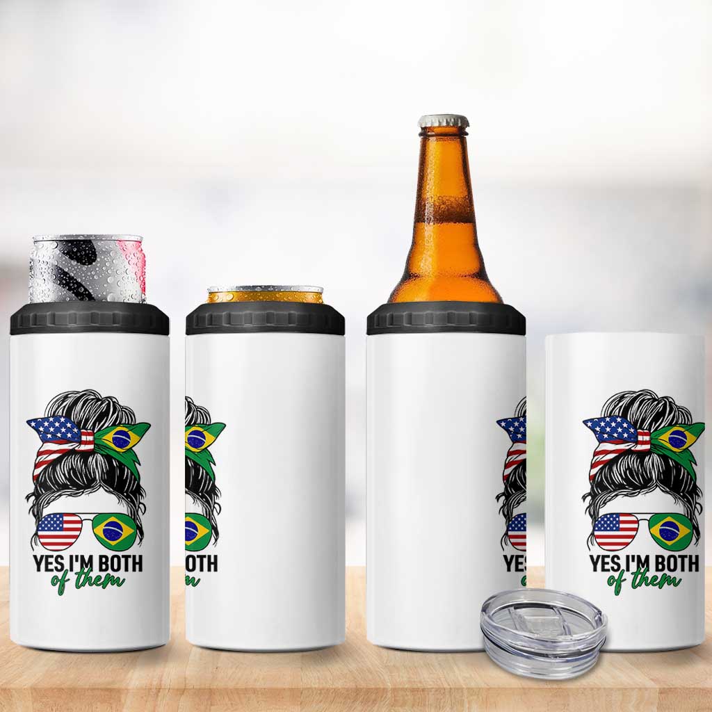 Half American And Brazilian America Brazil Brasil Flag Girl 4 in 1 Can Cooler Tumbler Yes I'm Both of Them