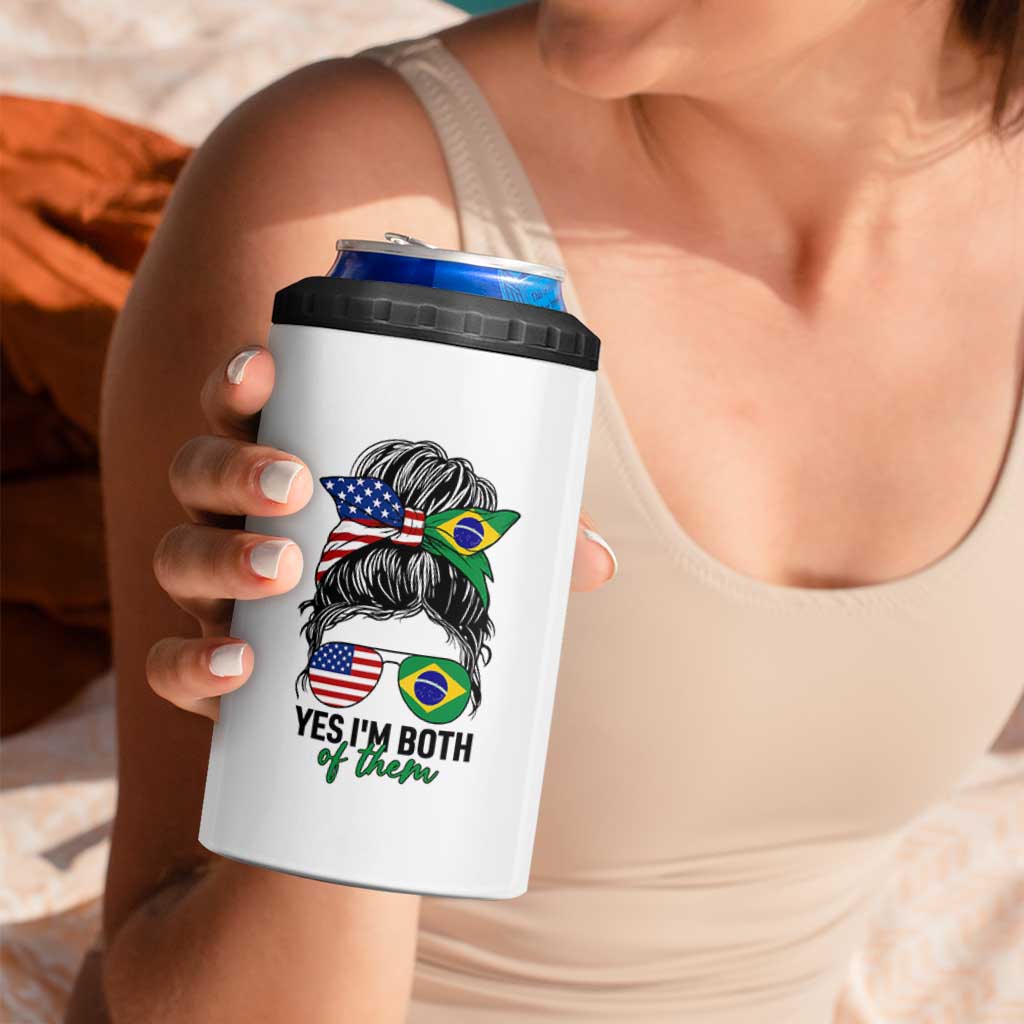 Half American And Brazilian America Brazil Brasil Flag Girl 4 in 1 Can Cooler Tumbler Yes I'm Both of Them