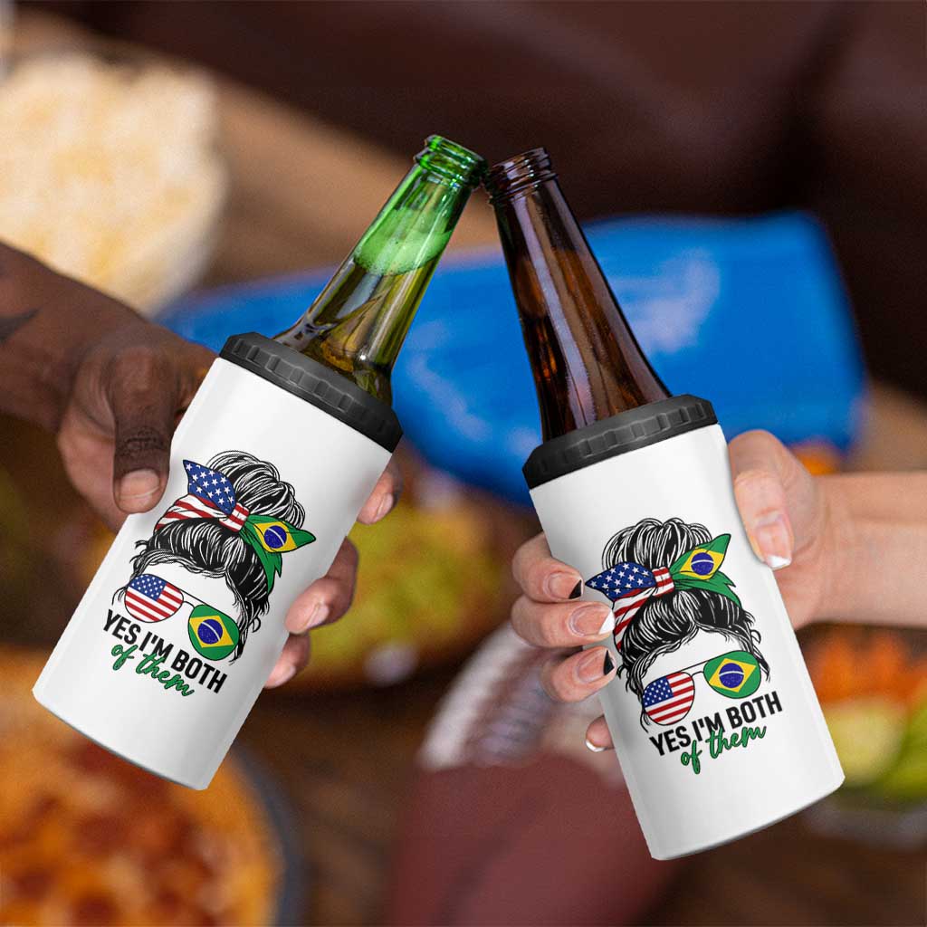 Half American And Brazilian America Brazil Brasil Flag Girl 4 in 1 Can Cooler Tumbler Yes I'm Both of Them