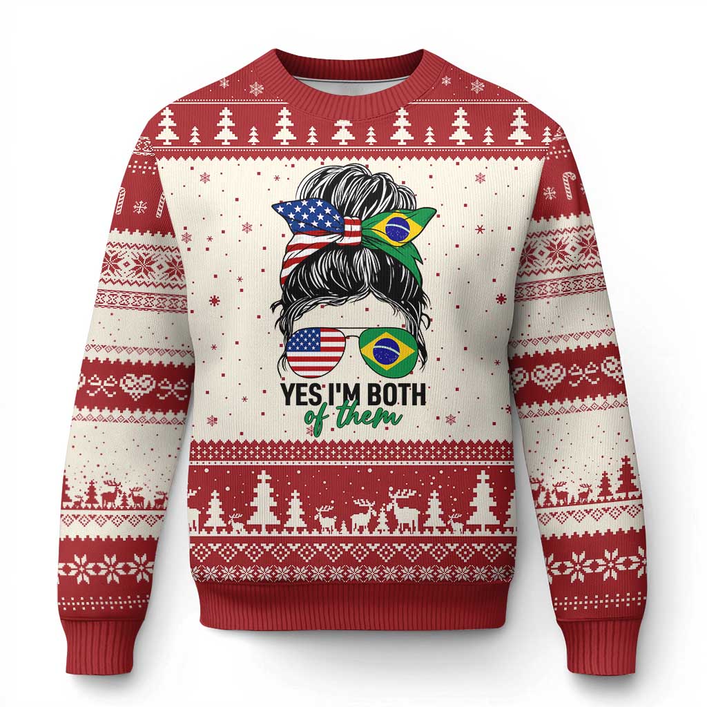 Half American And Brazilian America Brazil Brasil Flag Girl Ugly Christmas Sweater Yes I'm Both of Them