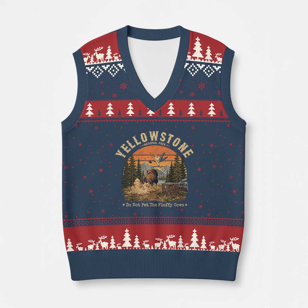 Yellowstone Do Not Pet The Fluffy Cows V-Neck Knit Sweater Vest Funny Bison Meme Wildlife Lover Gift