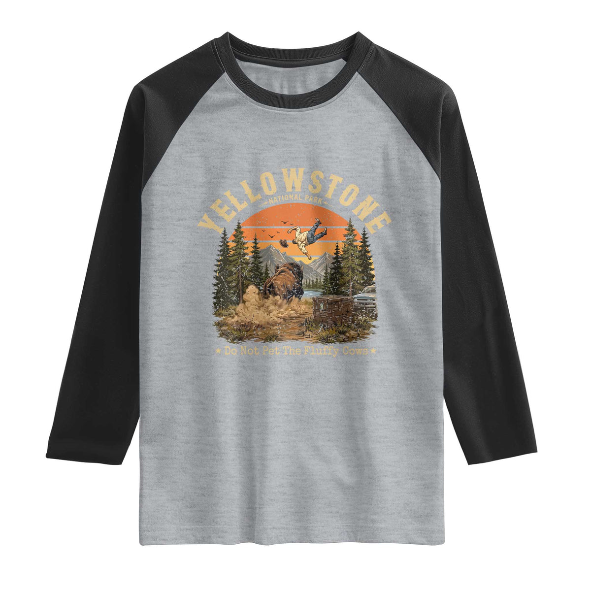 Yellowstone Do Not Pet The Fluffy Cows Raglan Shirt Funny Bison Meme Wildlife Lover Gift