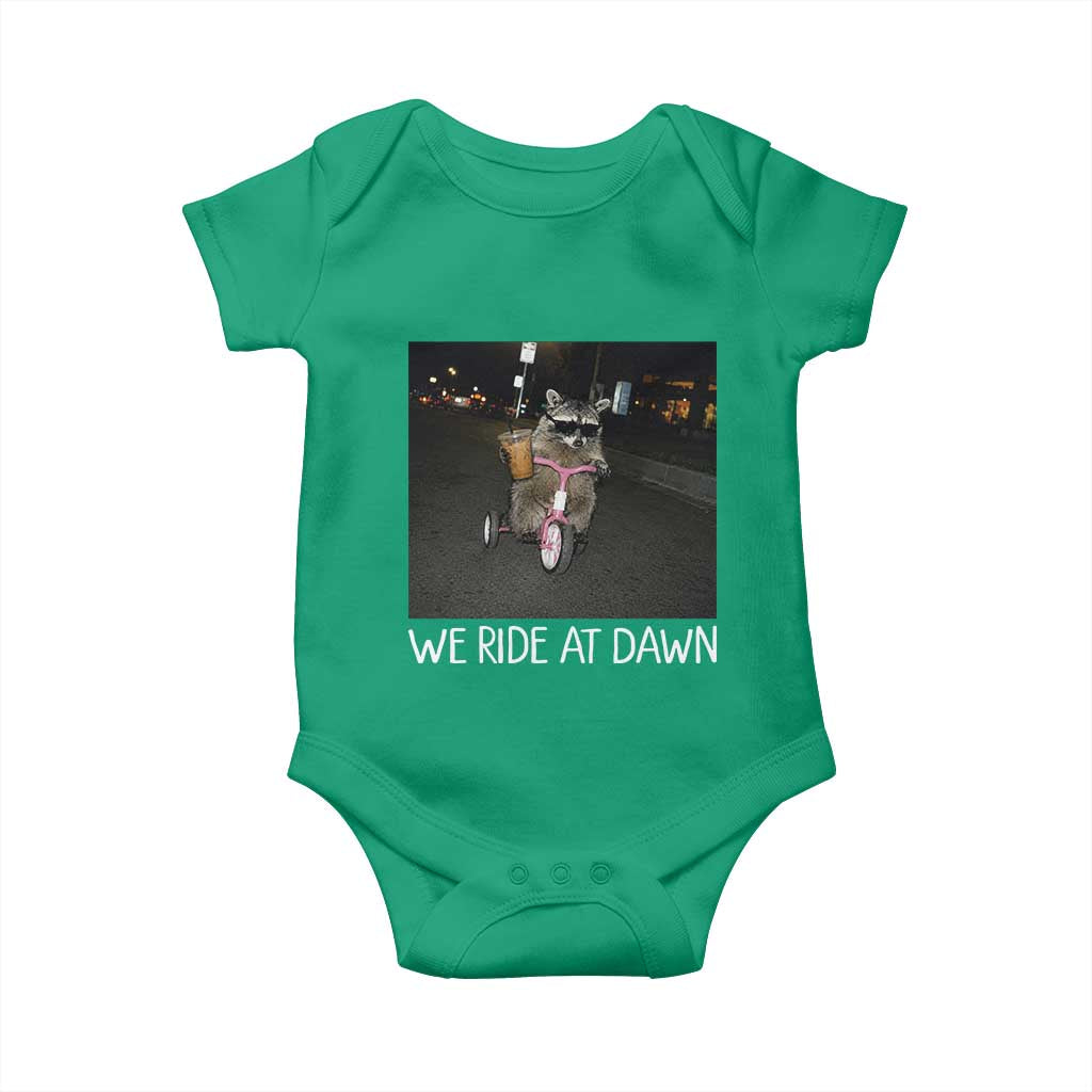We Ride at Dawn Baby Onesie Funny Racoon Riding Tricycle Chaotic Meme