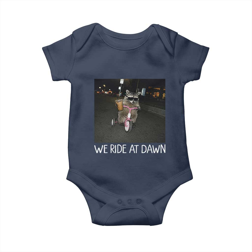 We Ride at Dawn Baby Onesie Funny Racoon Riding Tricycle Chaotic Meme