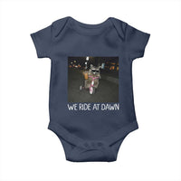 We Ride at Dawn Baby Onesie Funny Racoon Riding Tricycle Chaotic Meme