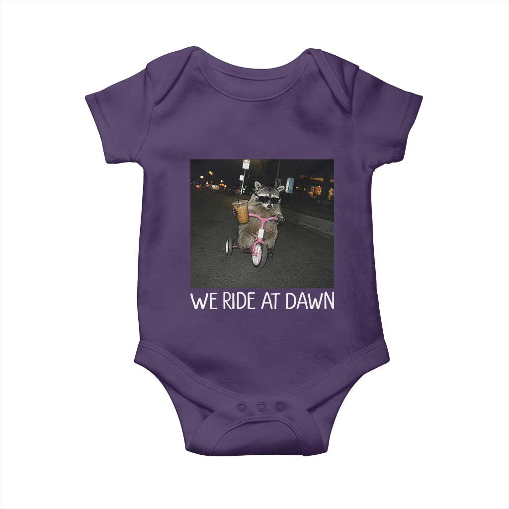 We Ride at Dawn Baby Onesie Funny Racoon Riding Tricycle Chaotic Meme