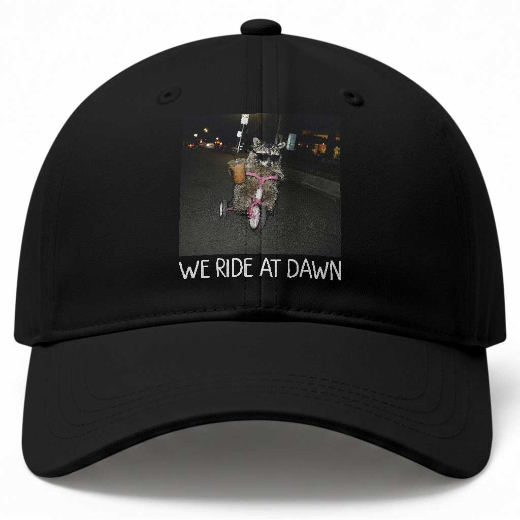 We Ride at Dawn Baseball Cap Funny Racoon Riding Tricycle Chaotic Meme