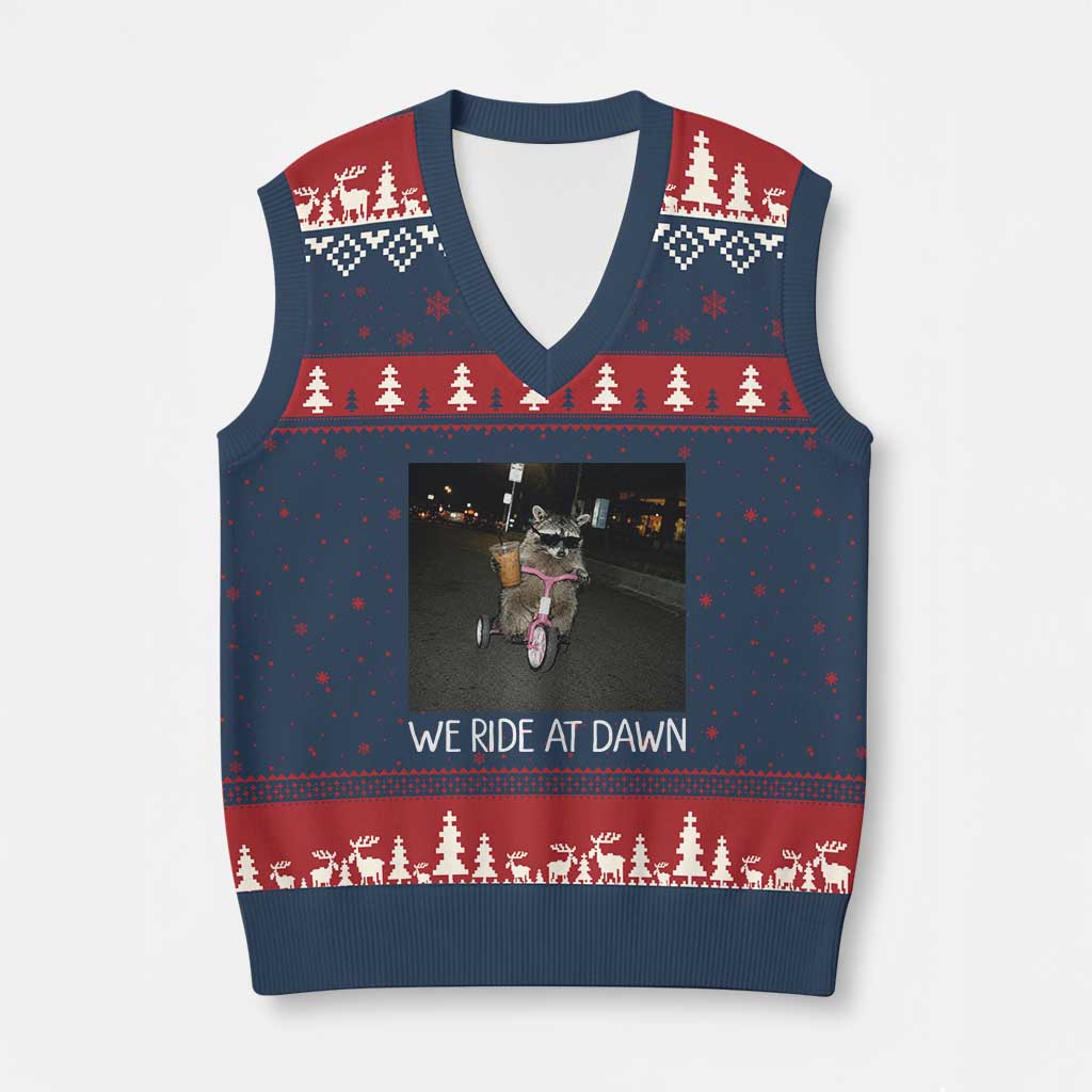 We Ride at Dawn V-Neck Knit Sweater Vest Funny Racoon Riding Tricycle Chaotic Meme