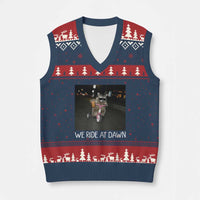 We Ride at Dawn V-Neck Knit Sweater Vest Funny Racoon Riding Tricycle Chaotic Meme