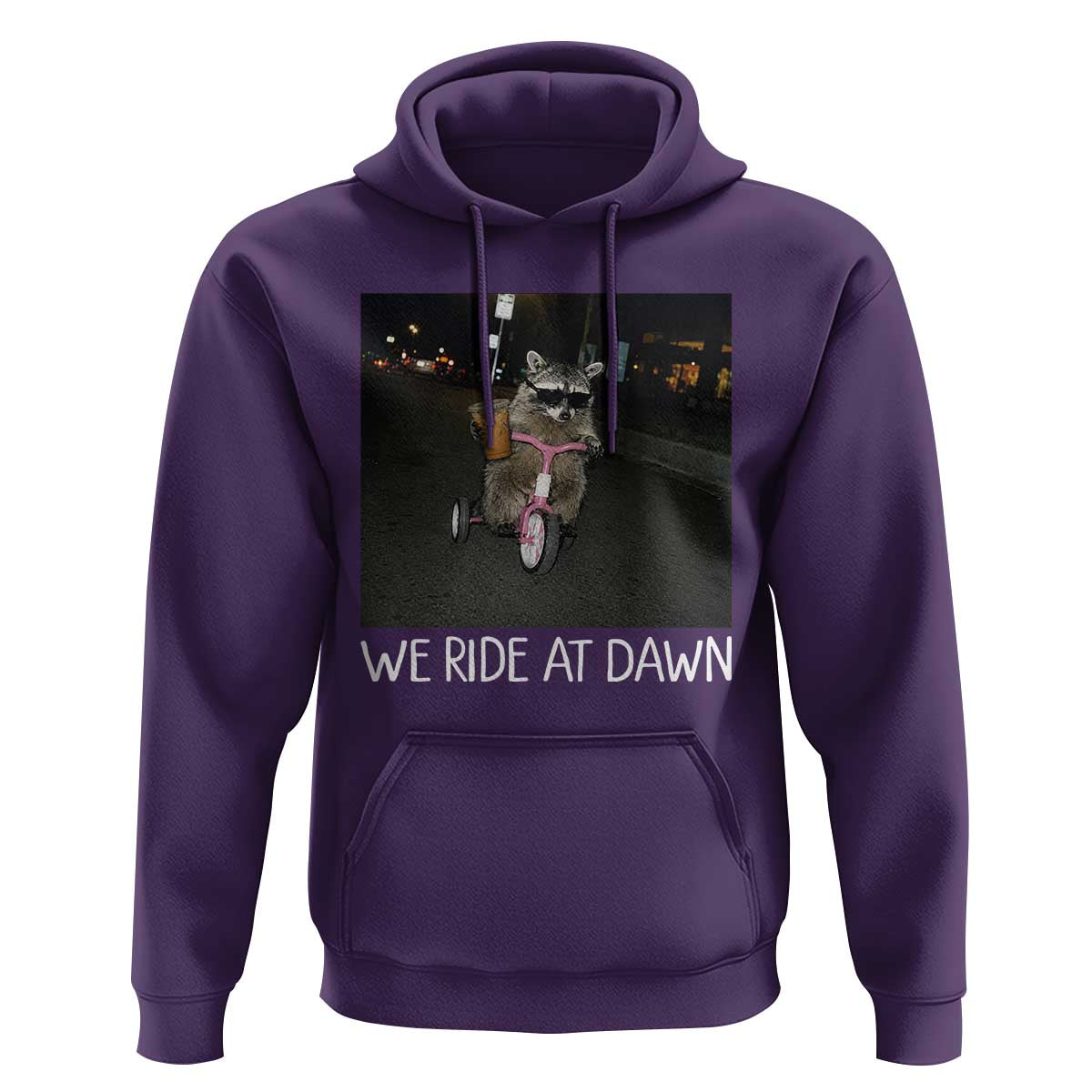 We Ride at Dawn Hoodie Funny Racoon Riding Tricycle Chaotic Meme