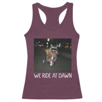 We Ride at Dawn Racerback Tank Top Funny Racoon Riding Tricycle Chaotic Meme
