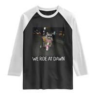 We Ride at Dawn Raglan Shirt Funny Racoon Riding Tricycle Chaotic Meme