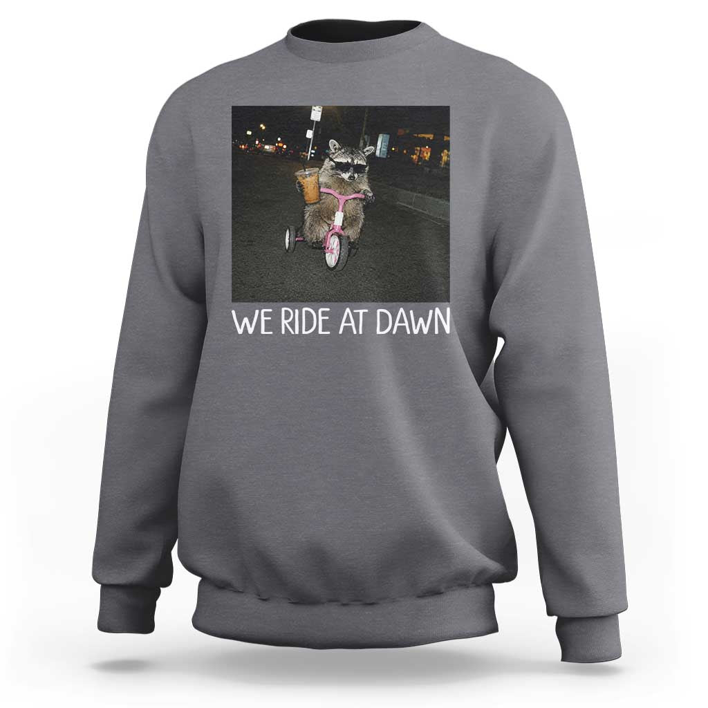 We Ride at Dawn Sweatshirt Funny Racoon Riding Tricycle Chaotic Meme