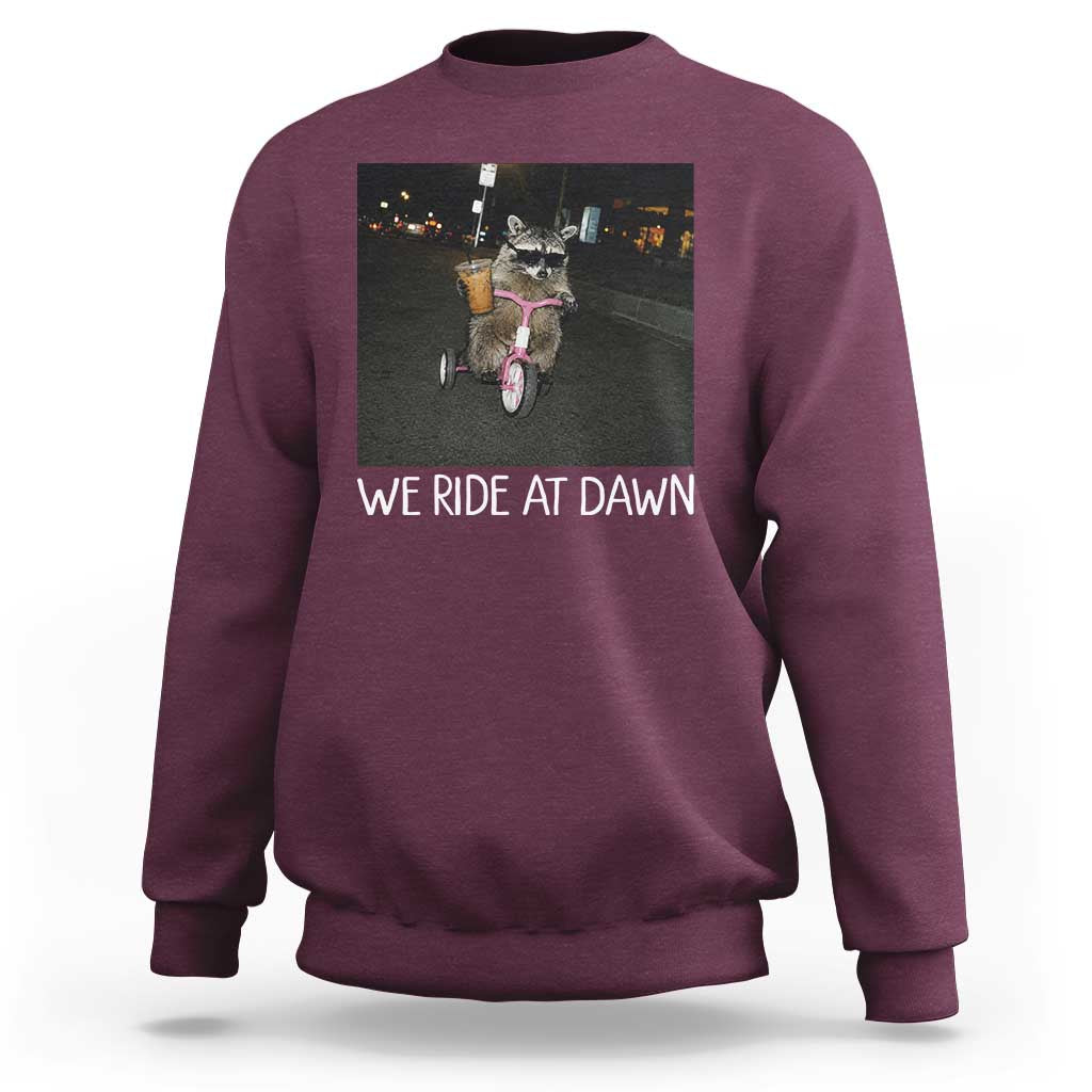 We Ride at Dawn Sweatshirt Funny Racoon Riding Tricycle Chaotic Meme