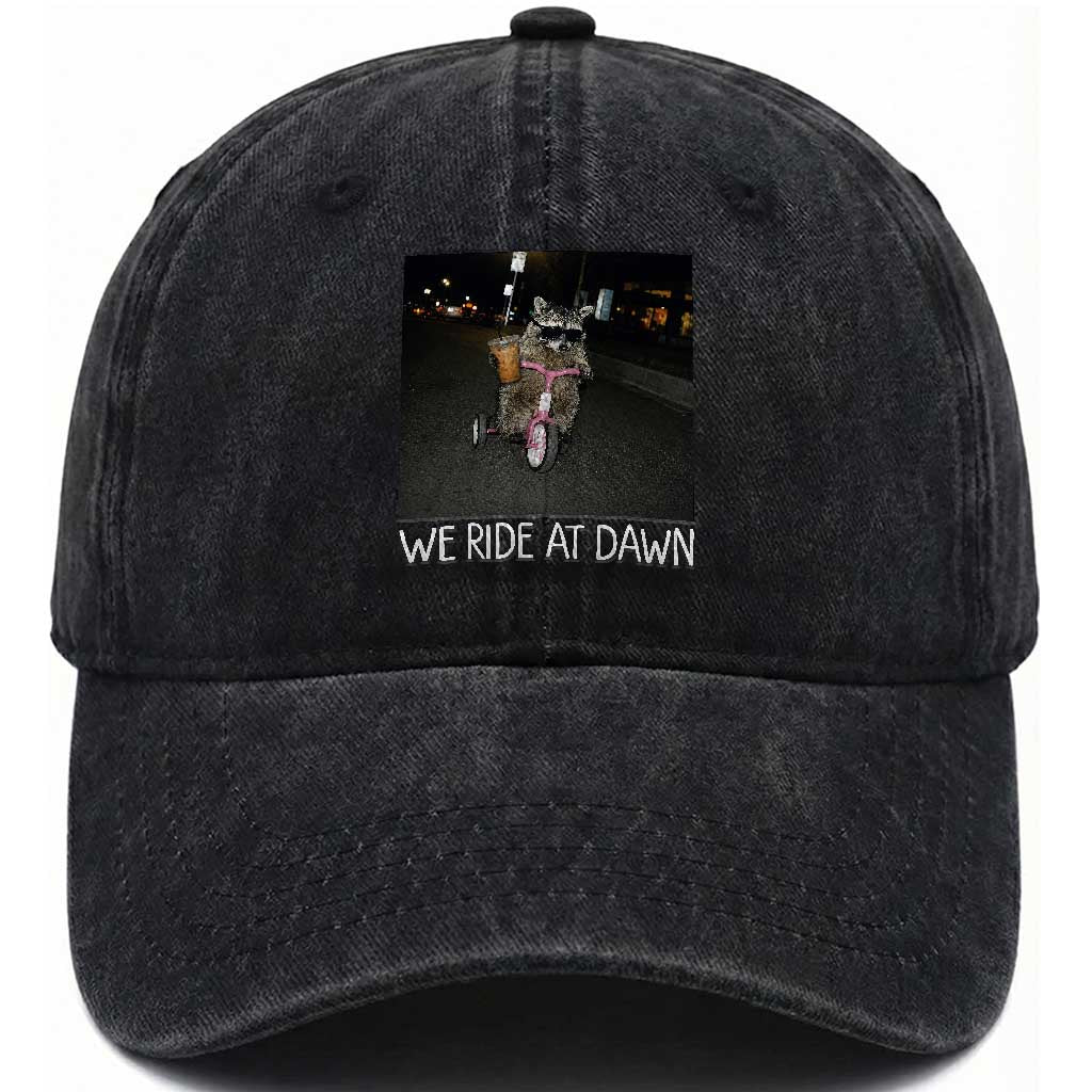 We Ride at Dawn Washed Cotton Baseball Cap Funny Racoon Riding Tricycle Chaotic Meme