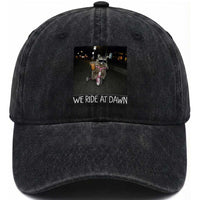 We Ride at Dawn Washed Cotton Baseball Cap Funny Racoon Riding Tricycle Chaotic Meme