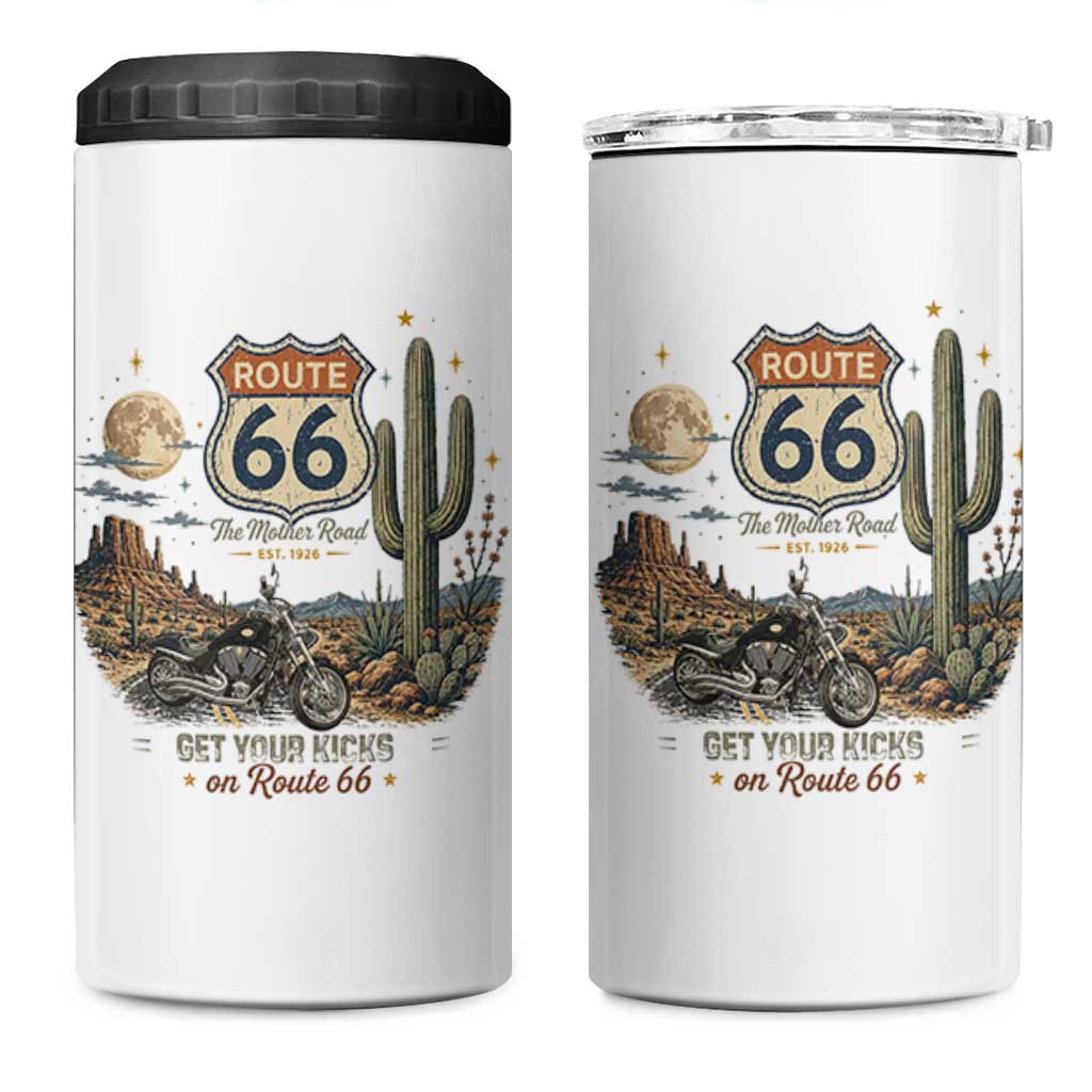 Highway 66 Get Your Kicks Centennial Road Trip 4 in 1 Can Cooler Tumbler Vintage 1976 American Cruiser Motorcycle Lover 100th Anniversary Gift