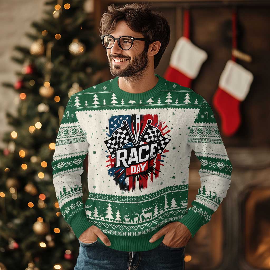 Checkered Flag Racing Ugly Christmas Sweater Race Day Team Lover - Wonder Print Shop