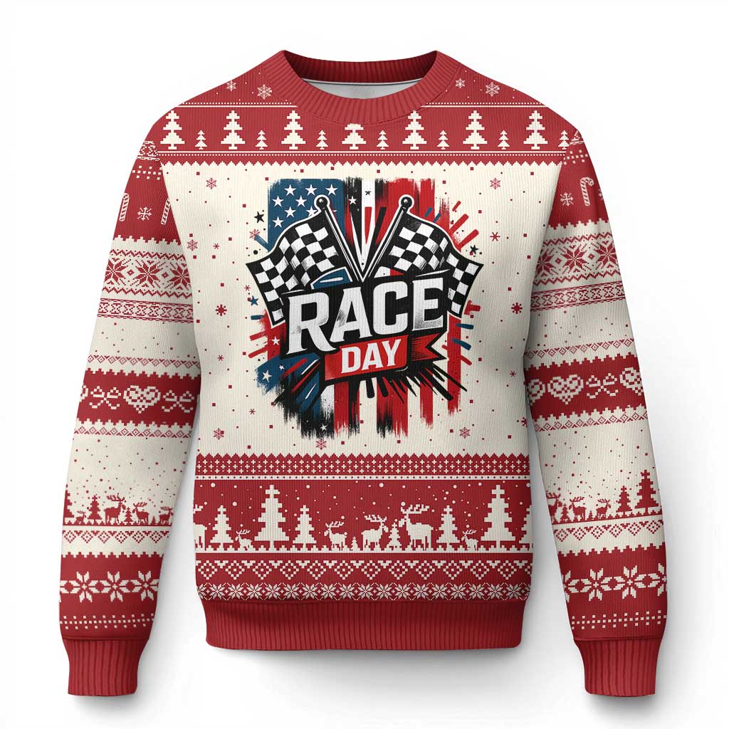 Checkered Flag Racing Ugly Christmas Sweater Race Day Team Lover - Wonder Print Shop