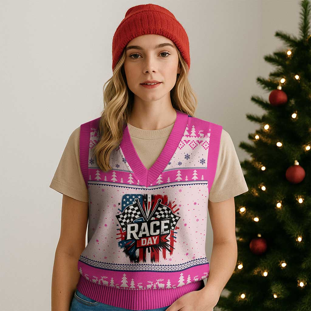 Checkered Flag Racing V-Neck Knit Sweater Vest Race Day Team Lover - Wonder Print Shop