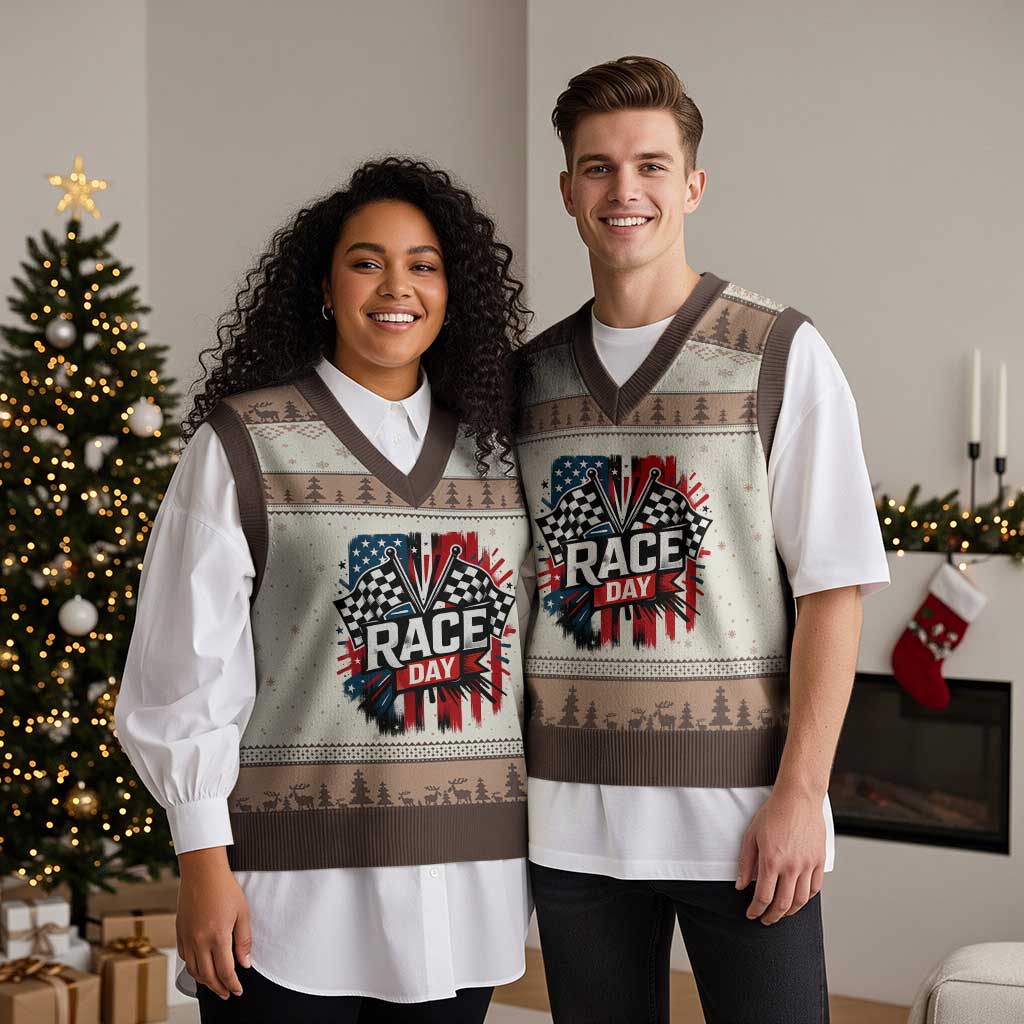 Checkered Flag Racing V-Neck Knit Sweater Vest Race Day Team Lover - Wonder Print Shop
